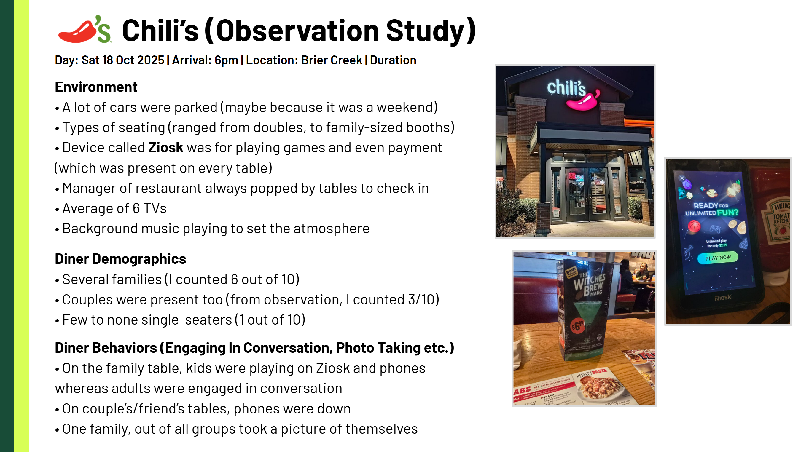 Field observation notes from Chili's restaurant showing dining behavior patterns