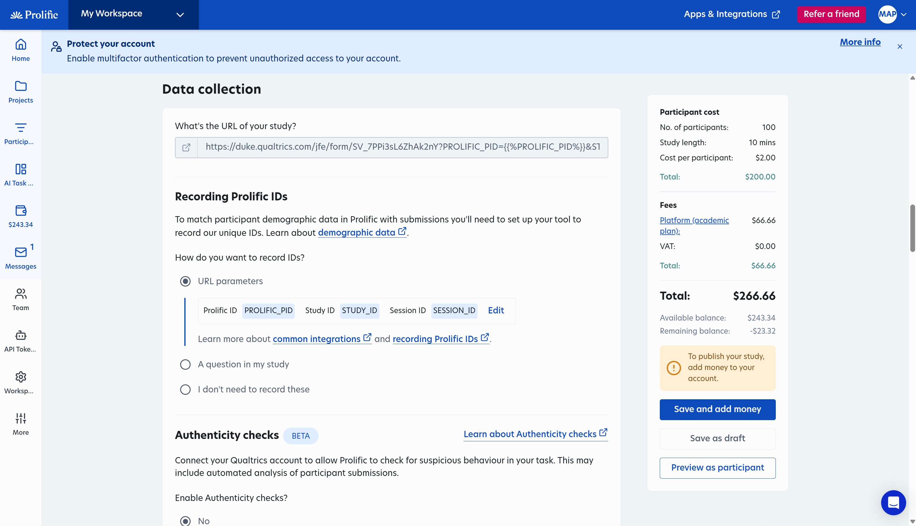 Prolific participant recruitment platform showing screening criteria and quality controls