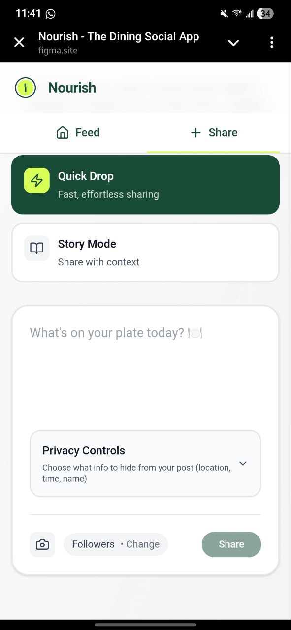 Nourish Quick Mode interface showing 2-tap spontaneous sharing flow