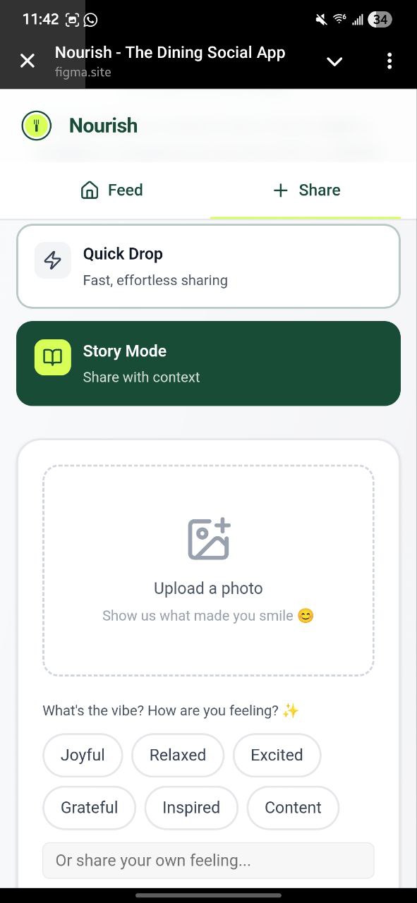 Nourish Story Mode interface showing 5-step contextual sharing flow