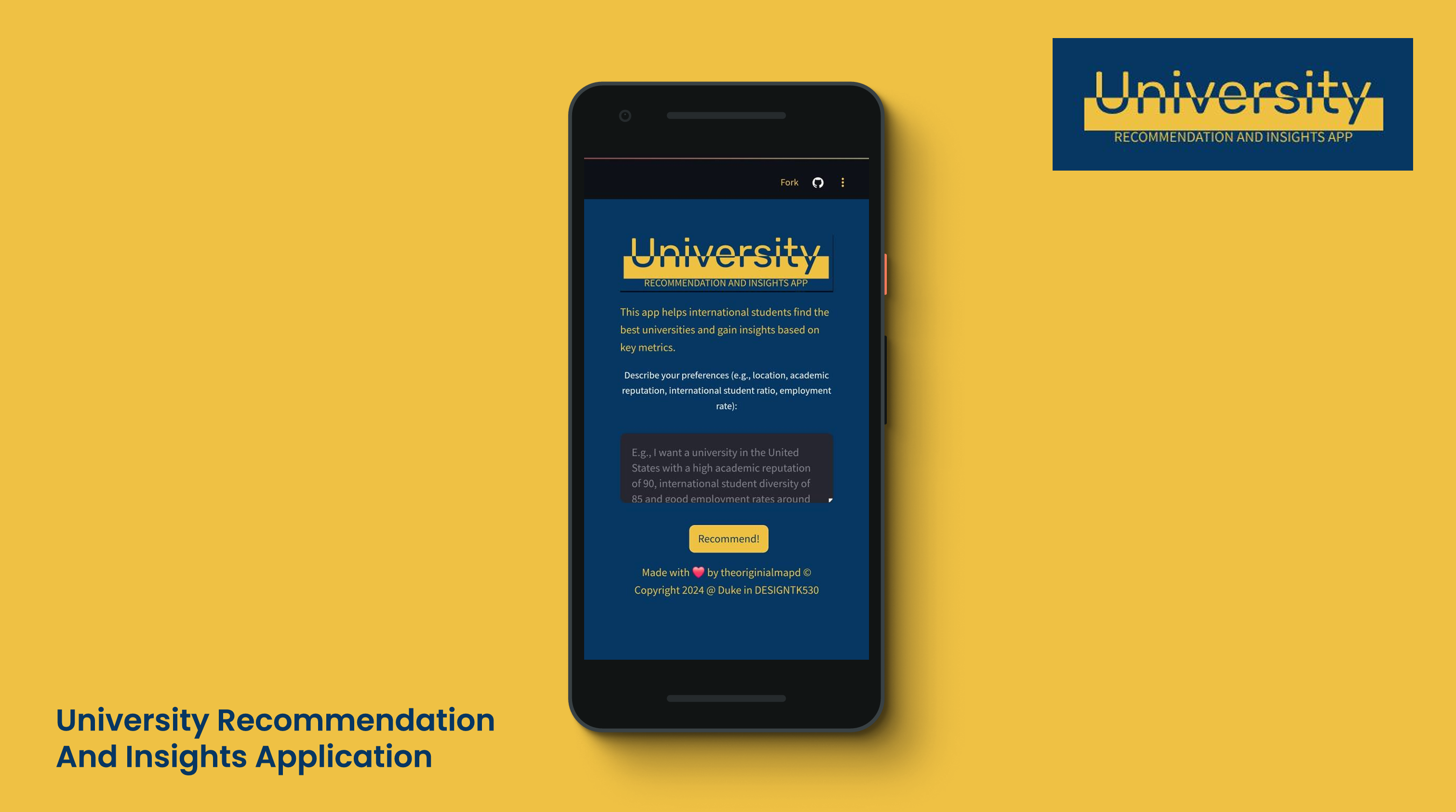 University Recommendation App user interface with input field