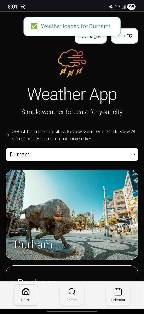 Weather app search functionality and city selection interface