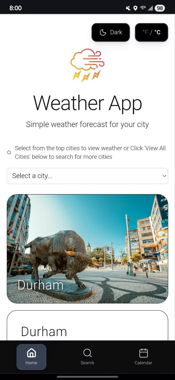 Weather App home screen with city selection interface